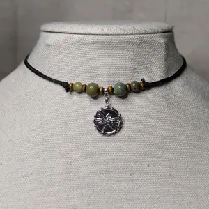 Dragonfly Coin Charm Stainless Steel Charm Ceramic Beaded Silver or Gold Boho Hippie Whimsical Adjustable Black Rope Cord Choker Stacking Necklace jewelry