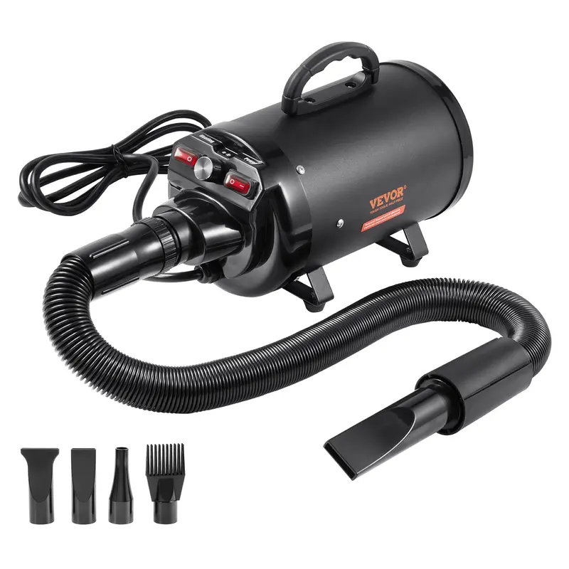 VEVOR 2800W/4.3HP Plug-In Dog Dryer, Pet Grooming Hair Dryer with 70m/s Wind Speed, Deep Dry, Adjustable Speed-Temperature Control, Safety Sensor, Anti-Scald Handle, 4 Nozzles, Extendable Hose for Easy Reach, Fast Drying, Convenient Storage, Black