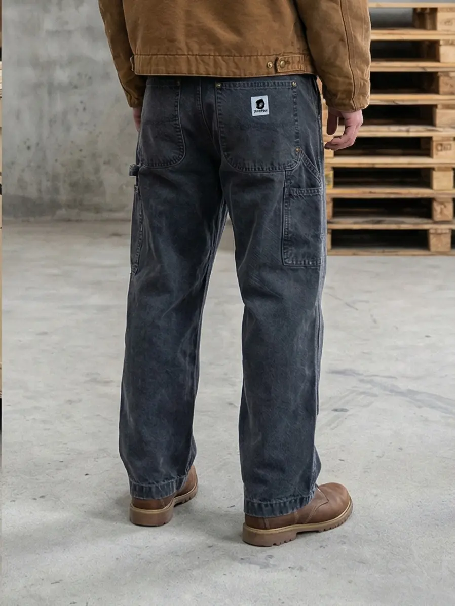 FroFooo Men's Summer Straight-Legged Jeans Streetwear Double-Knee Work Pants Y2K Canvas Skateboarding Trousers Vintage Washed Aged Denim Relax Fit Baggy jeans for men