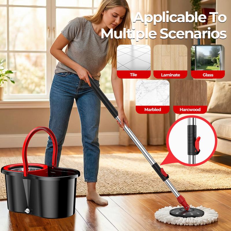 new Stainless steel rotating mop set, including 3 replacement mop heads and an extendable handle, for convenient cleaning, featuring a rotating design. Black and red two-tone mop bucket set. Rotating mop bucket set. commercial mop
