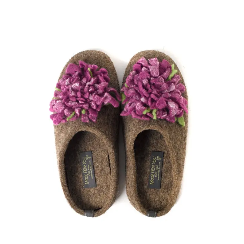 Pure Natural Wool Felt Slippers: Handmade Purple Flower, Arch Support, Non-skid Rubber Sole, Lightweight