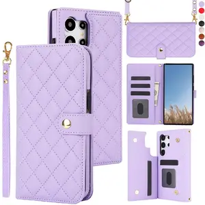 Quilted Pattern Phone Case with Card Slots, 1 Count Multi-functional Phone Wallet Case with Wrist Strap, Phone Accessories for Samsung Galaxy