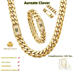Set "14K Gold-Plated Cuban Miami Style  & Bracelet Set, S-Shaped Design, 14mm Clasp, Waterproof, Scratch & Rust-Resistant, Hypoallergenic – Comes with Gift Box,  Wear"men's valentine's gifts  romantic gifts for couples necklace link chain cross