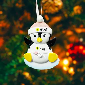 Personalized Baby Girl Penguin First Christmas Ornament | Handwritten Name Year | Raised 3D Details