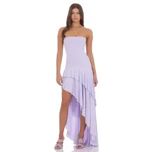 Lucy In The Sky Strapless Ruffle Asymmetrical Maxi Dress in Lavender