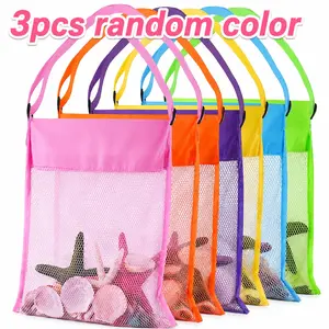 3pcs Bright Color Mesh Beach Tote Bag, Lightweight, Adjustable Shoulder Strap, Foldable, Ideal for Outdoor Activities, Picnics, Shell Collecting
