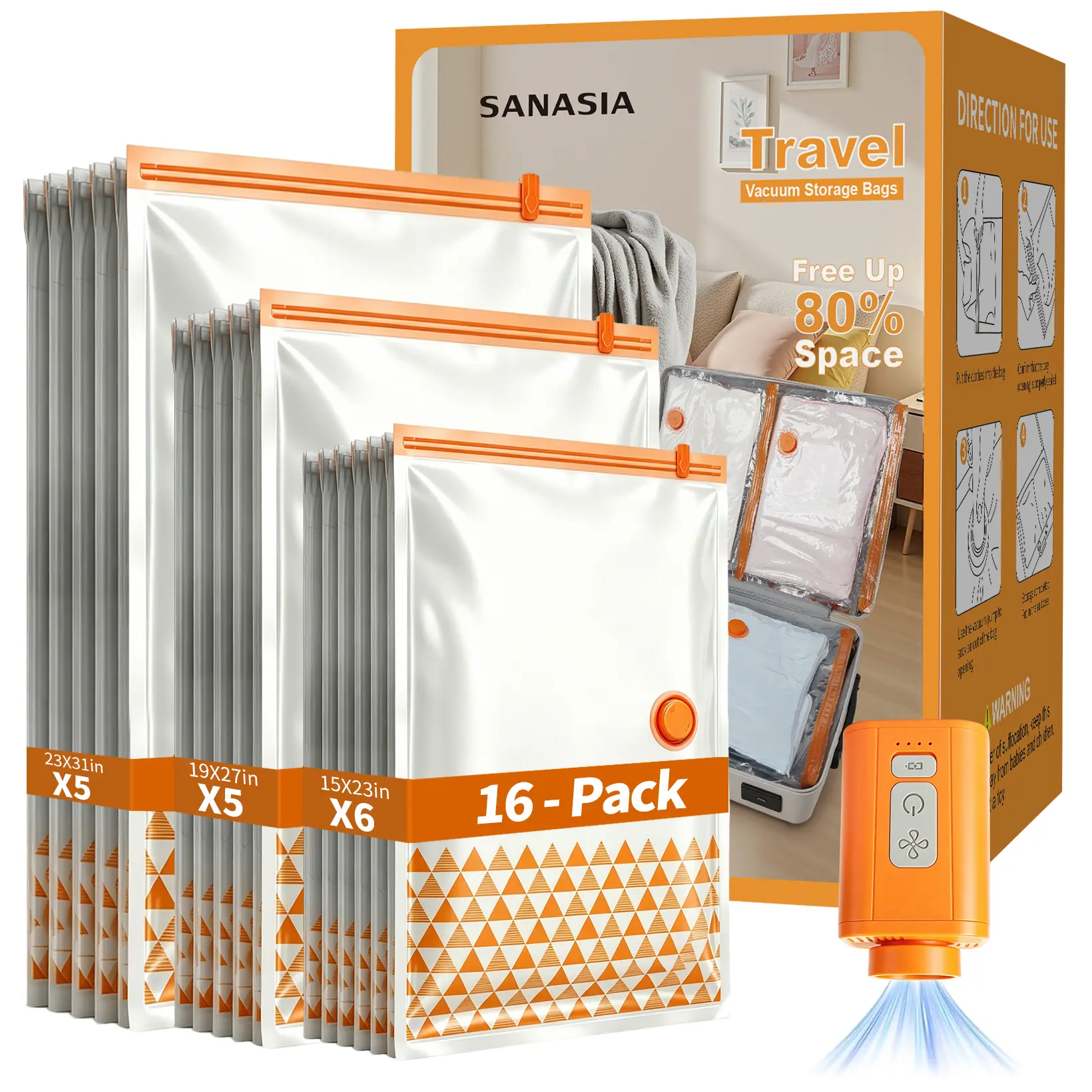 SANASIA Plain 10-Piece Compression Packing Bags with Wireless Electric Pump, Resealable Zipper, Collapsible 100% Reusable Home Organizers, Leak-Proof Dust Protection for Business Trips, 3 Sizes for Clothes/Blankets (Frees Up 80% Space)
