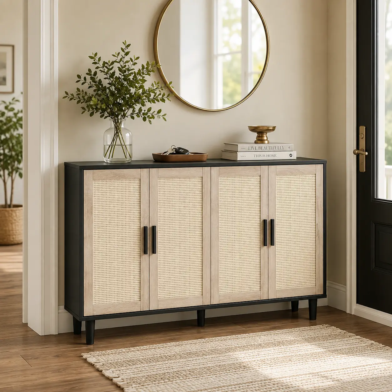 Sturdy Durable Wood Rattan Sideboard Cabinet - Engineered Wood, 4 Rattan Doors, Adjustable Shelves, 14.9in D x 48.4in W x 34.6in H, 20 - 25 Kg, Assembly Required, Elegant Touch Multifunctional Console Table for Dining, Living Rooms, Natural Lines