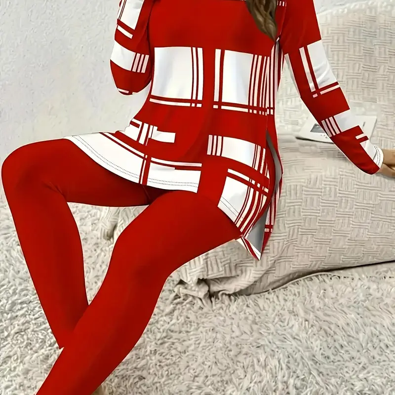 Women's Two-Piece Set, Colorblock Print Long Sleeve Round Neck Top & Skinny Pants, Casual Matching Clothes for Spring & Fall Daily Wear Two Pieces Outfits