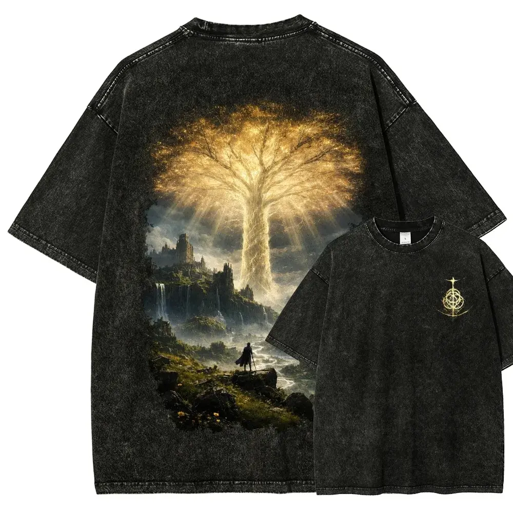 Men's Short-Sleeve Distressed Vintage Washed Elden Ring Erdtree Oversized Round Neck Cotton Graphic T-Shirt - Gothic Black Grunge Menswear, Golden Tree Print, Soulsborne Gamer Gift, Casual Streetwear Top, Shortsleeve