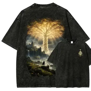 Men's Distressed Vintage Washed Elden Ring Erdtree Oversized Round Neck Shortleeve Cotton T-Shirt - Gothic Black Grunge Casual Streetwear Top with Golden Tree Print, Soulsborne Gamer Gift, Shortsleeve, Casual T-Shirts