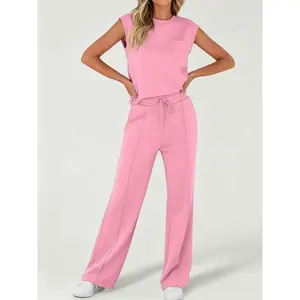 Women's solid color casual suit sleeveless round neck vest top with Pockets drawstring waist wide leg pants two-piece set comfortable and fashionable design suitable for daily casual wear