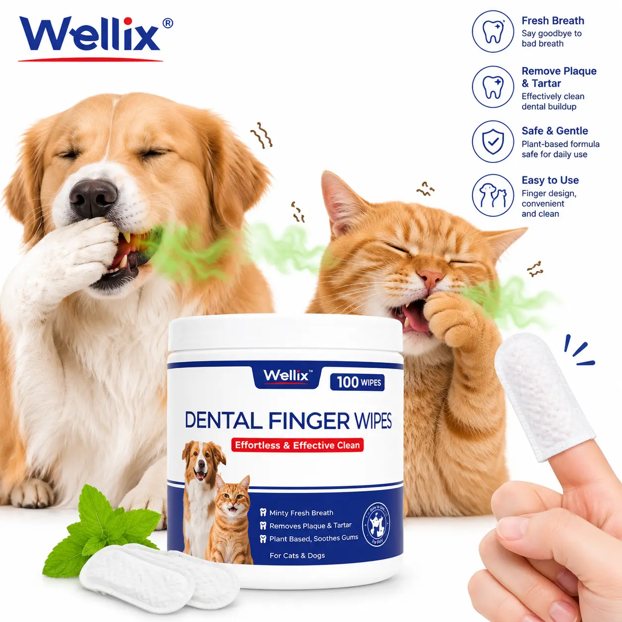 Wellix Pet Teeth Wipes - 100pcs, Natural Formula, Tartar Control, Bad Breath Relief for Dogs & Cats