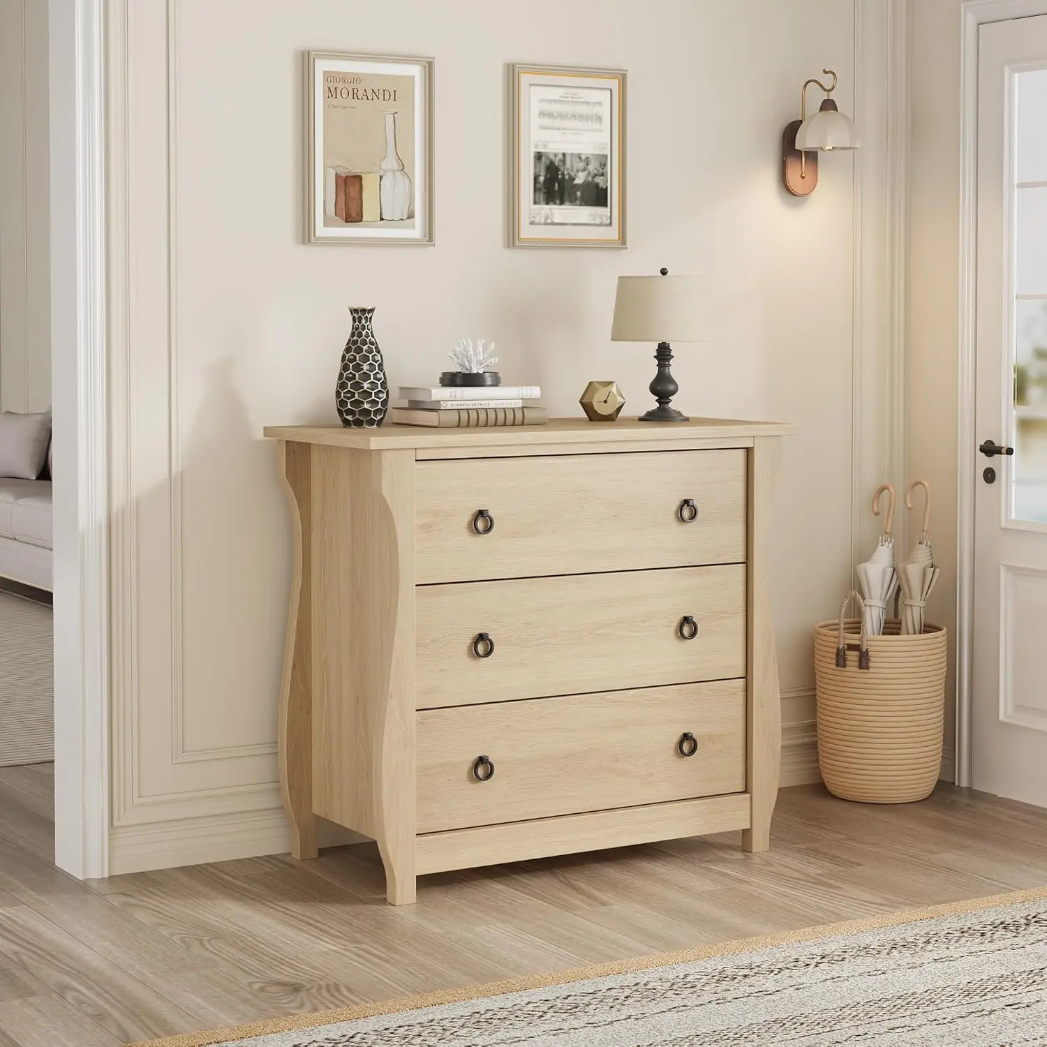 Unfinished Wood Three Drawer Three Tier Bohemian Modern Dresser For Bedroom Living Room And Nursery Storage, Wood Drawers Dresser, Chest Of Drawers