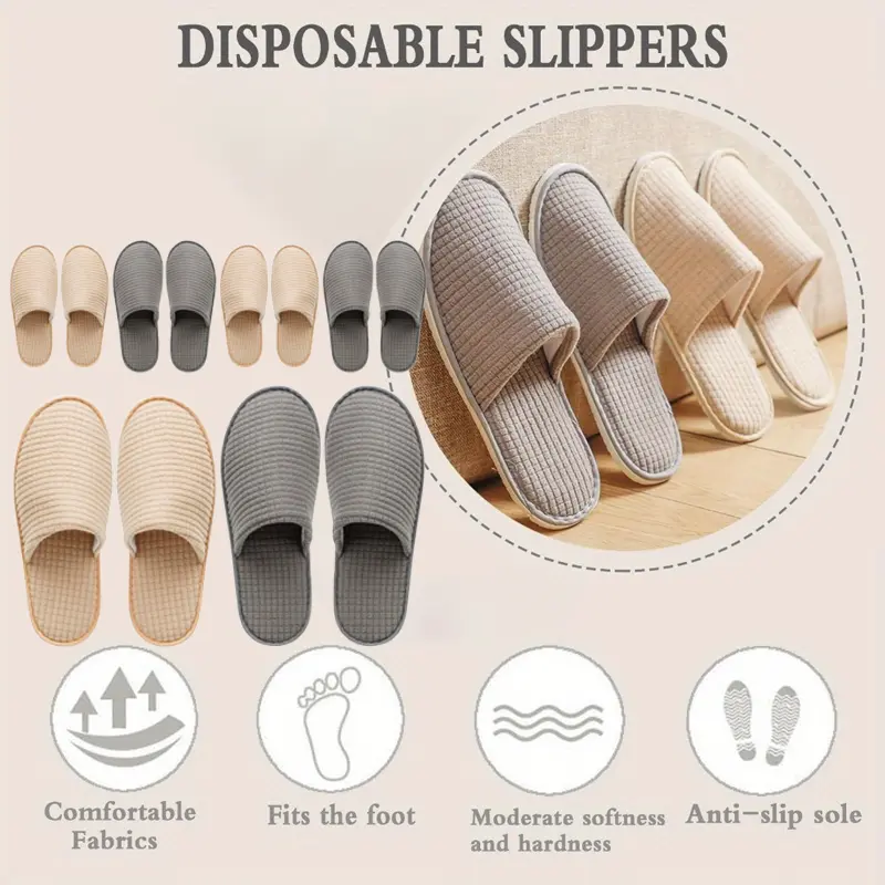 Women's Closed-Toe Slippers, 6-Pair Cushioned Casual Footwear with 0.23 in/0.6 cm Flat Sole, Breathable Non-Slip Reusable Washable for Hotel Guests Indoor Use