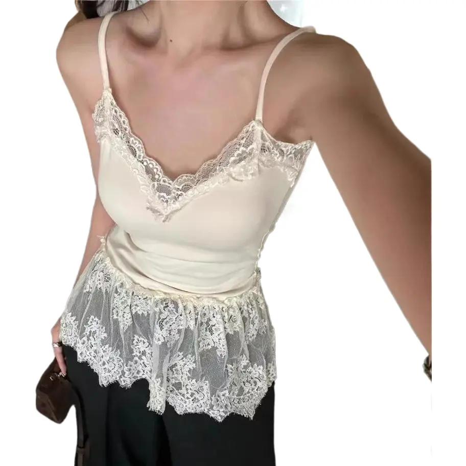 Lace Mesh Layered Crop Cami Top - Y2K Inspired Ruched Backless Sleeveless Tank for Summer
