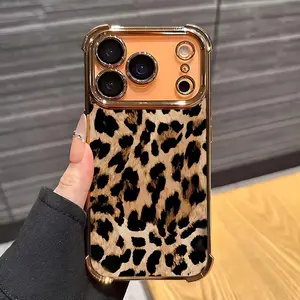 Stylish leopard print texture pattern electroplated four-corner airbag shockproof and anti-drop phone case. Suitable for iPhone 17 Pro Max, 16/15/14/13/12/11 Pro Max, and Samsung S25, S24, S23 (airbag shockproof transparent protective case).