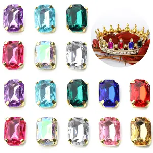 30Pcs 10X14mm Rectangle Crystal Glass Rhinestones Hand Sew Acrylic Rhinestones with Golden Claw For Garment Clothing Accessories