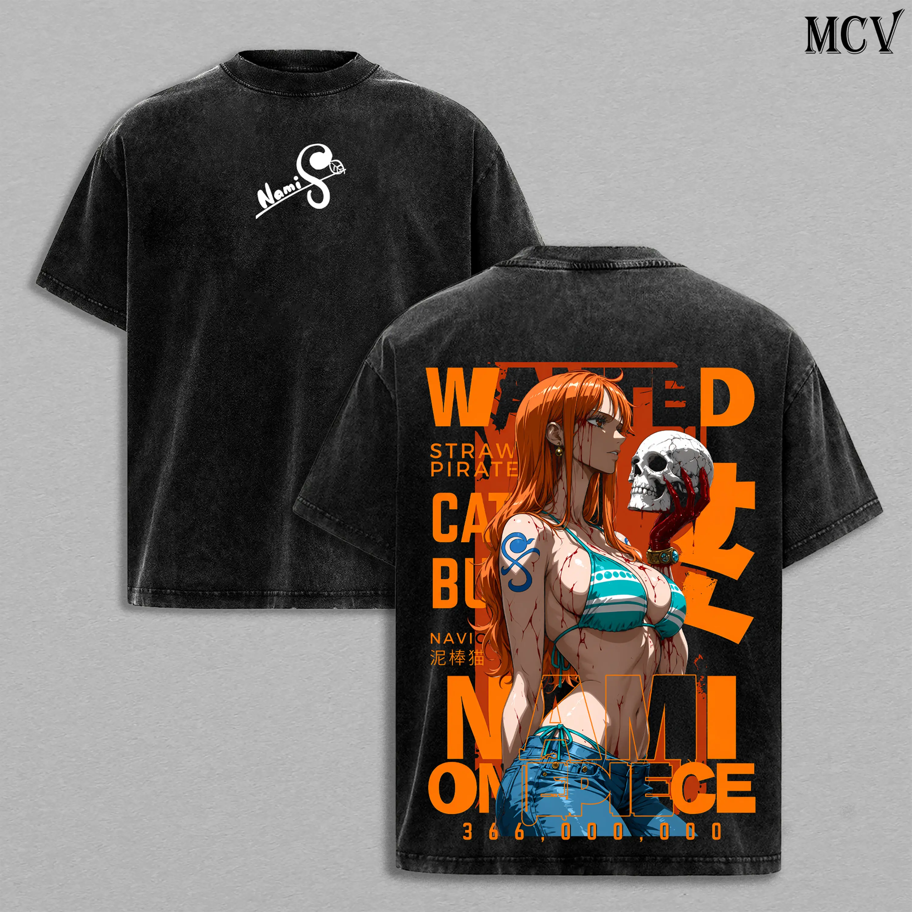 Nami Washed Tee – OnePiec Anime Manga Lightning Girl Graphic Double Printed T-Shirt, Menswear Heavy Cotton Unisex Oversize Vintage Streetwear