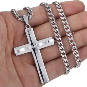 Stainless Steel Cross Pendant Necklace Silver/Gold/Black Color Curb Chain 18-30 inches for Mens Womens Birthday Halloween Jewelry
