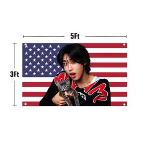 SKZ's Han with a Kitten USA Kpop Flag 3x5ft USA Tapestry 3x5ft for Dorm Bedroom Decorative Flag with Brass Grommet Gift