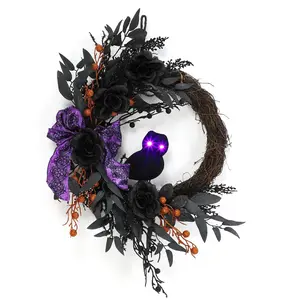 Garvee Halloween Wreaths for Front Door，22 Inch Black Outdoor Halloween Wreath with Lighted Owl Decorations for Door Porch Wall Outdoor Indoor Party Home Decor