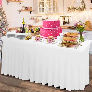 Thick  Spandex Table Skirt and Cover  , Rectangle Fitted Tablecloth with Pleated Skirt, Wrinkle Free Rectangular Table Cloth for Banquets and Vendor Event