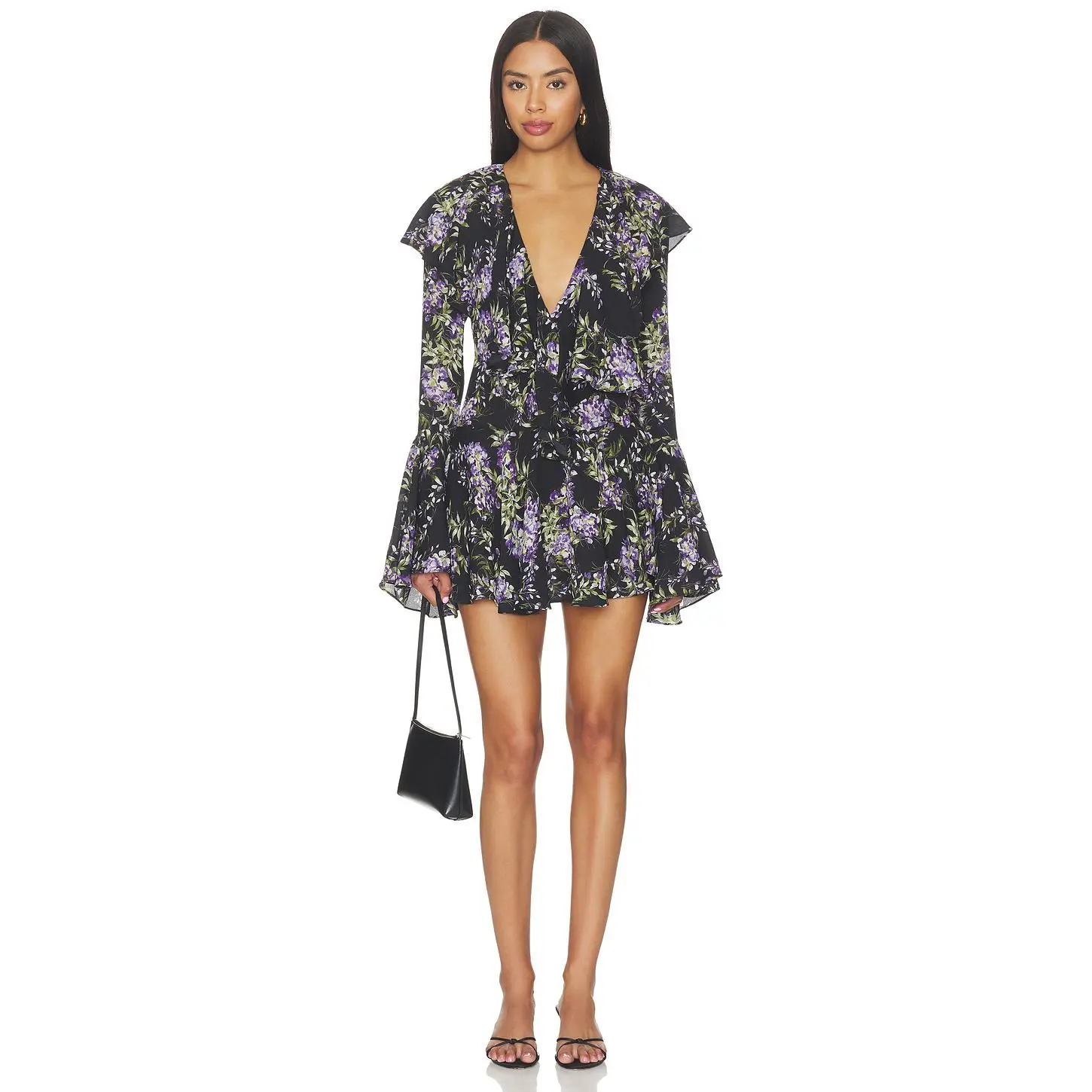 Norma Kamali Long Sleeve Deep V Ruffle Mini Dress in Lavender Floral