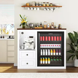 Farmhouse Coffee Bar Cabinet with Built-in Power Outlet, Sideboard with Fridge Compartment, Coffee Station with Sliding Drawers for Small Kitchen Apartment