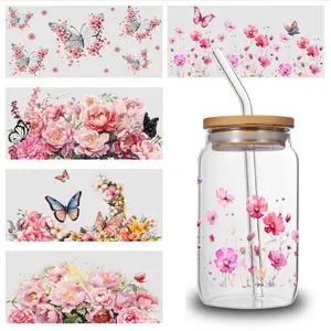 5 Sheets  Floral Butterflies UV DTF Stickers Waterproof Decals Suitable for 16 oz Glass Mug Decoration Gift Plastic Self-Adhesive Labels for 16 oz Tumbler side  eyes  sticker