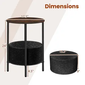 COSTWAY - Round End Table 2-Tier Side Table with Removable Fabric Basket and Metal Frame-Rustic Brown