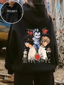 Women's Casual Hooded Drawstring Pocket Sweatshirt, Death Note Print Street Fashion, Geometric Pattern, Fitted Style, All Seasons, Drawstring Graphic Hoodie