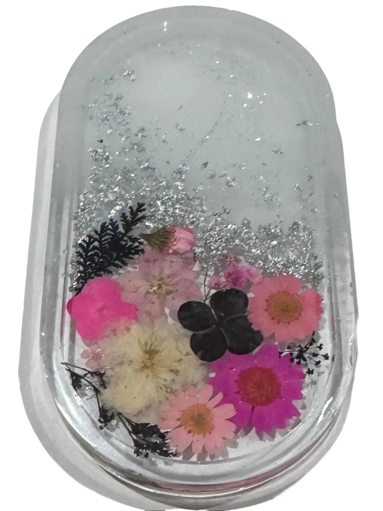 Floral Resin Jewelry Tray - Handmade Flower Small Plates Trinket Tray with White Accents & Silver Flakes, 7" x 3.75", Durable, Multicolor