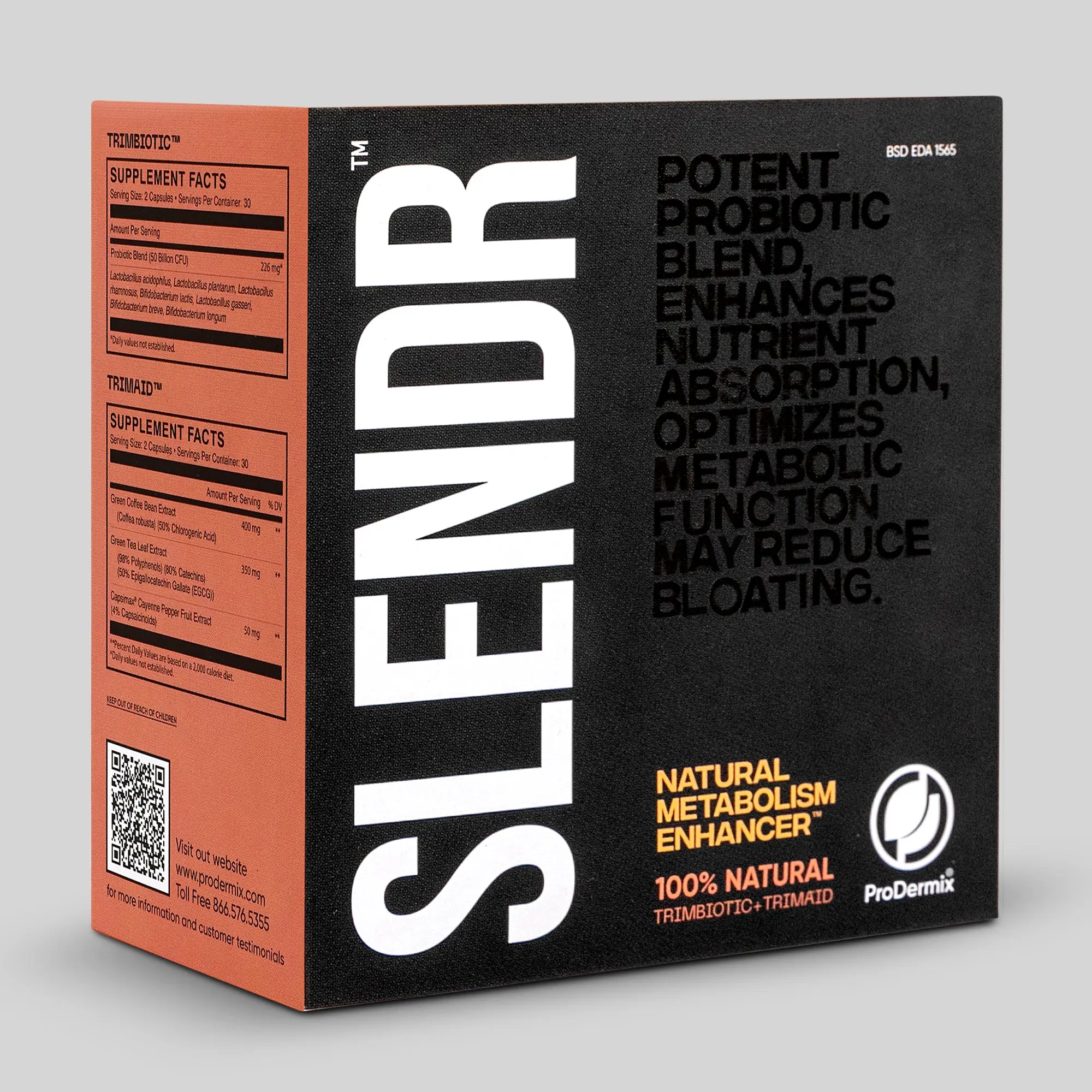 ProDermix Slendr Kit - Prebiotic & Digestive Wellness Support Supplement, 50B CFU, 7 Probiotic Strains, Plant-Based Ingredients