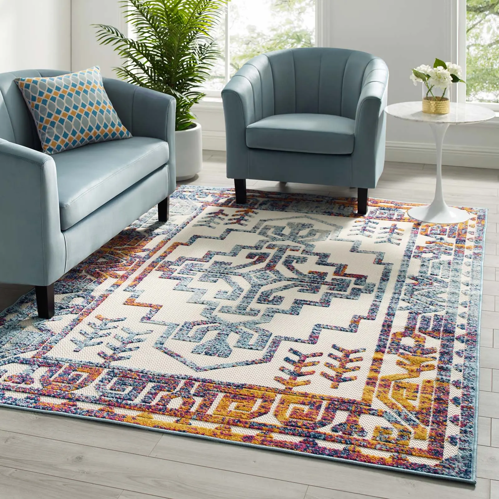 Modway Reflect Nyssa Distressed Geometric Southwestern Aztec 5x8 Indoor/Outdoor Rugs Bedroom, Ethnic Area Rug in Multicolored, Ethnic Area Rugs