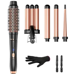 Bestope Pro 5-in-1 Curling Iron Set with Thermal Brush & 3 Barrel Hair Crimper Iron for 0.35"-1.25" Curls 2 Temperatures 30S Fast Heat Hair Curler Waver with Glove & Clip Curly Comb Handle