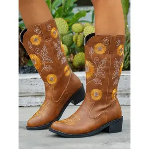 Women’s knee-high western sunflower denim boots with floral embroidery, square toe vintage design—perfect for country music festivals