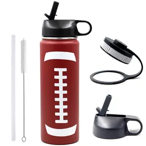22 oz Football Water Bottle with Straw, Sports Flask Metal Travel Tumbler with 2 Lids, Stainless Steel Double Wall Vacuum Insulated Leak Proof Thermo Water Bottles, Football Gear Gifts for Boys Girls