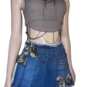 E'MEIRE 2pc Tank and Denim Skort Set with Chain Detail and Bow Accent Fashion Top and Bottom Ensemble