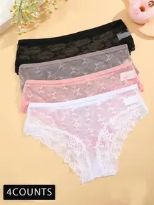 Women's 4pcs Butterfly & Floral Print Sheer Lace Panties, Casual Comfy Breathable Knicker for Daily Wear, Women's Underwear for All Seasons