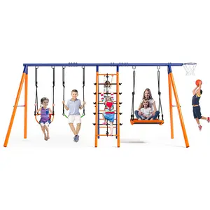【TikTokShopBlackFriday】Swing Sets for Backyard 700 lbs - 6 in 1 Multifunction Swing Set Outdoor for Kids Playground, Larger Heavy Duty Metal Swing Stand with 3 Adjustable Swings, Climbing Ladder and Net, Basketball Hoop