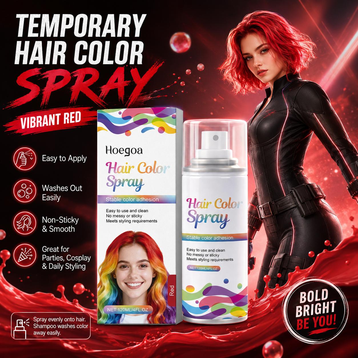 Two-piece display showcases the unique self. 120 ml. Passionate and sexy red and individualistic silver-gray temporary hair dye spray. Long-lasting, smooth, easy to wash, non-sticky, and evenly covering hairstyle spray.