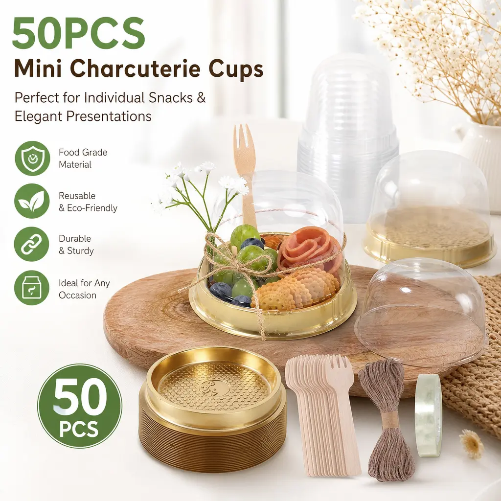 50 Sets To-Go Charcuterie Cups – Clear Plastic Round Boxes with Dome Lids, Include Mini Wooden Sporks & Twine – Ideal for Outdoor Gatherings, Bridal Showers, Birthday Parties, BBQ