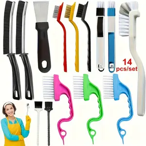 14-piece set of [Multi-functional Cleaning Brushes] Portable medium-hardness plastic handle, with accessories, suitable for kitchen, bathroom, living room, and outdoor use, no electricity required, Cleaning Supplies