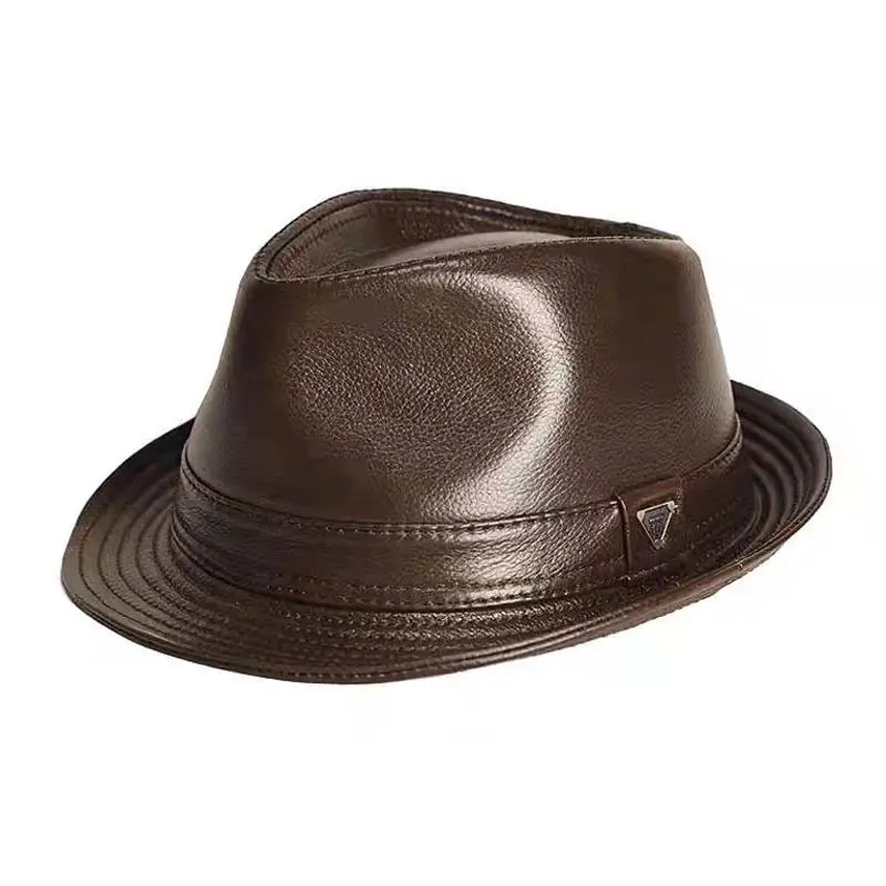 New Man High Quality Genuine Leather Cowhide Formal hat Gentleman Cow Skin Short Brim Black/Brown Top Hat Male Shows Gentleman