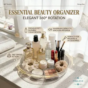Minimalist Premium Transparent High Capacity Rotating Beauty Organizer Tray Skincare Cosmetics Storage Box