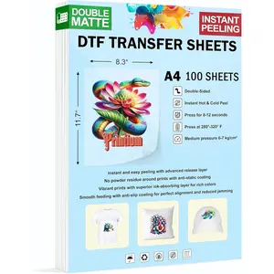 DTF Transfer Film Sheets A4 - 100 Pack (8.3" x 11.7") -  Double Matte Anti-Static - Hot & Cold Peel - Compatible with DTF Printers - Heat Transfer Film for  Colors & Durable Prints