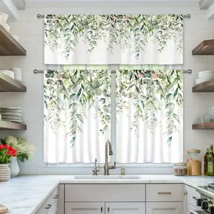 SoftHaven Home 3PCS Sage Green Eucalyptus Leaf Kitchen Curtain Set - Made in USA, Rustic Floral Spring Farmhouse Watercolor Plant Design, Rod Pocket Polyester, Ideal for Living Room & Bedroom Decor