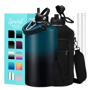 Gallon Insulated Water Bottle with Straw - 128oz Stainless Steel Water Bottles with Paracord Handle, 1/2 Gallon Big Water Jug Vacuum Insulated Waterbottle Metal Flask Reusable Double Wall Sport Bottle