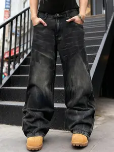 Men's American High Street Casual Streetwear Jeans Pants, Washed Crinkle Design, Loose Straight Leg No Stretch Denim Jeans, Hip-Hop Wide Leg